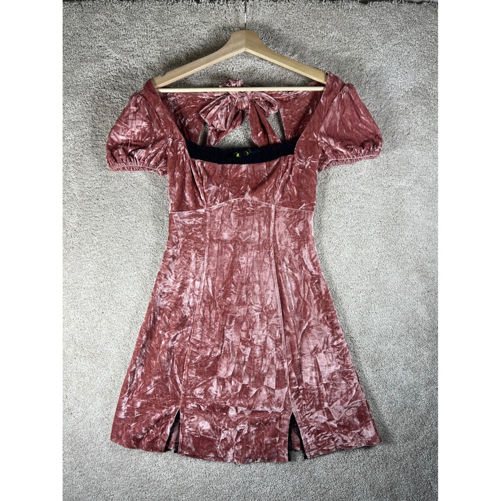 Kimchi Blue Pink Crushed Velvet Lace Trim Open Tie Back Mini Dress Coquete M - Picture 3 of 10